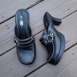 Vintage 90s y2k Bratz Black Faux Vegan Leather Chunky Heel Platform Buckle Mules
